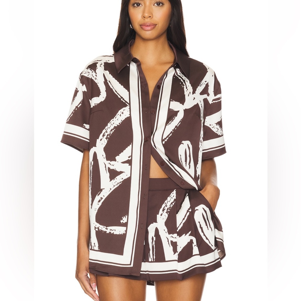 Brown and White Abstract Short-Sleeve Button Down Shirt set